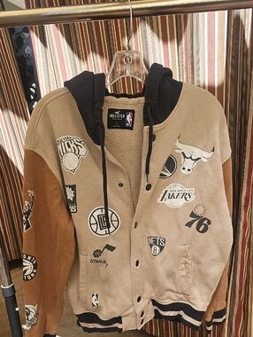 Hollister Beige and Brown NBA Patch Varsity Hooded Jacket